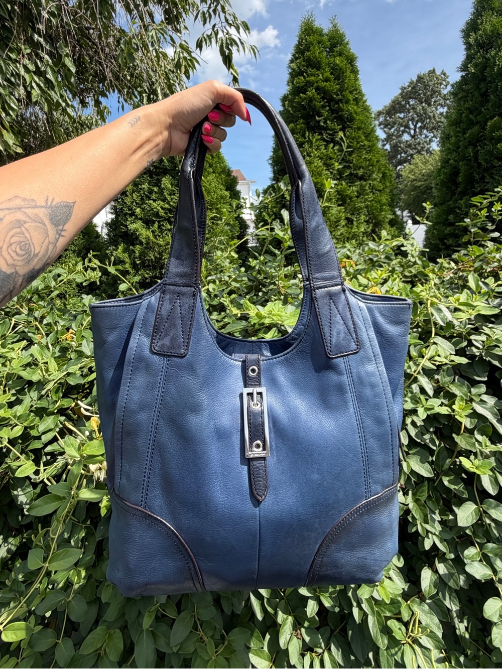 Vintage Y2K B. Makowsky Navy Blue Leather Hobo Shoulder Bag